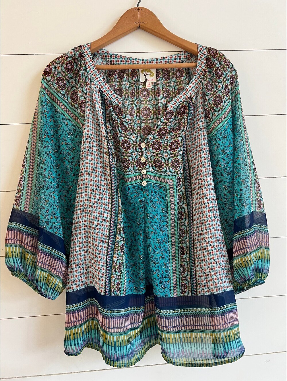 Fig & Flower Boho Mixed Print Peasant Blouse Sheer Turquoise Floral Top XL Fall